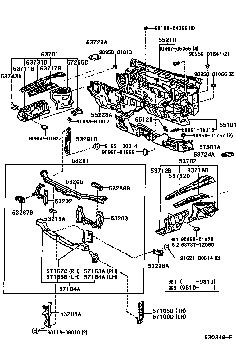 Toyota COROLLA 前翼子板挡泥板和前围板 EPC diagram — 530349E