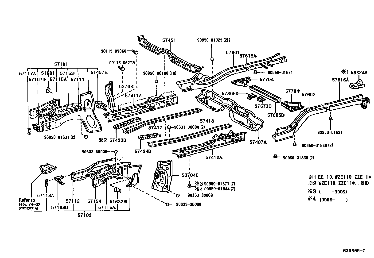 Toyota COROLLA Floor stringers EPC diagram — 530355G
