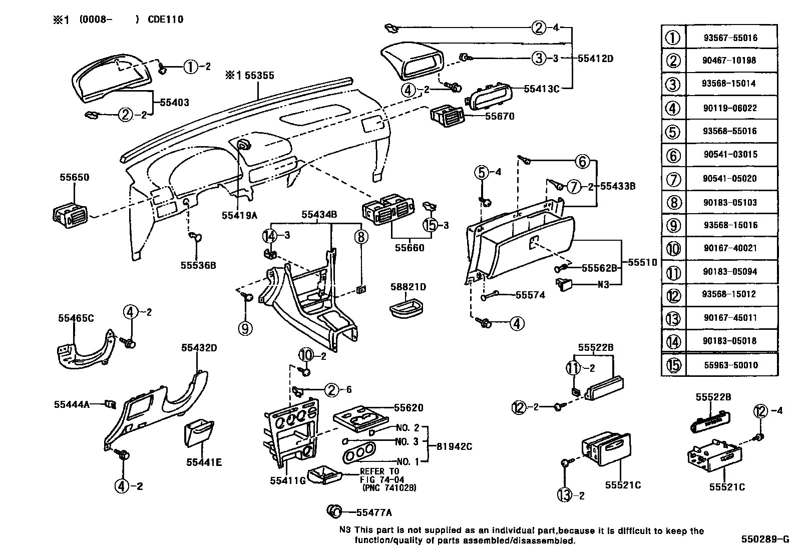 Toyota COROLLA 仪表板和手套箱 EPC diagram — 550289G