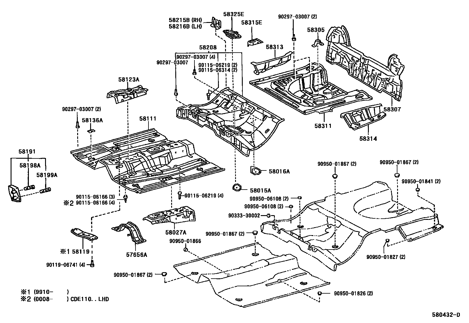 Toyota COROLLA 浅盘形地板和车身下背板 EPC diagram — 580432D