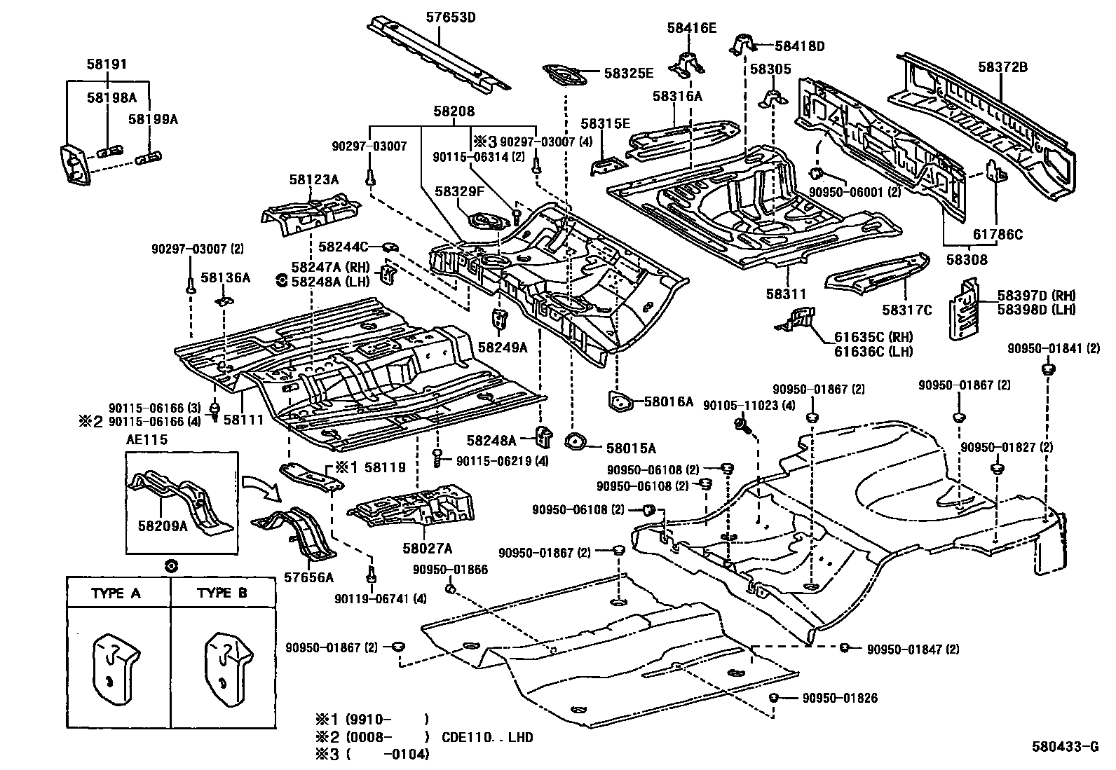 Toyota COROLLA 浅盘形地板和车身下背板 EPC diagram — 580433G