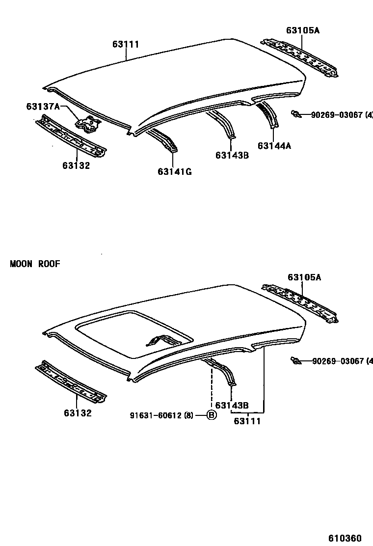 Toyota COROLLA 天窗板和背窗玻璃 EPC diagram — 610360