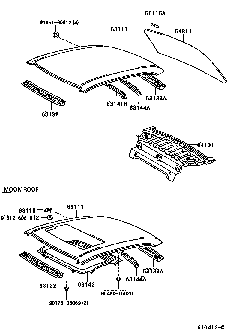 Toyota COROLLA 天窗板和背窗玻璃 EPC diagram — 610412C