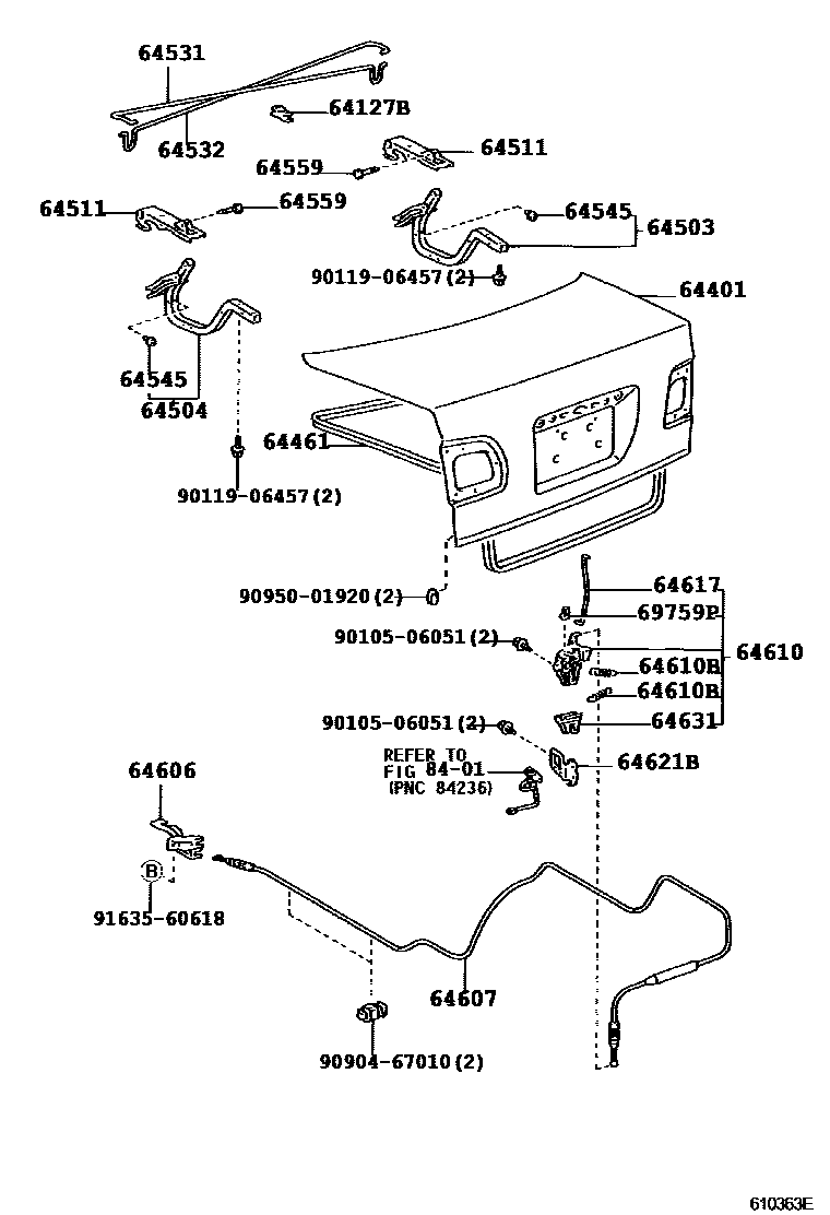 Toyota COROLLA 行李箱门和行李箱锁 EPC diagram — 610363E