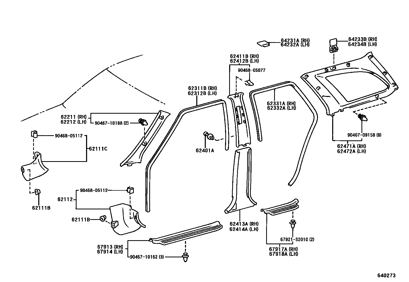 Toyota COROLLA 内饰板和车门防水胶条 EPC diagram — 640273
