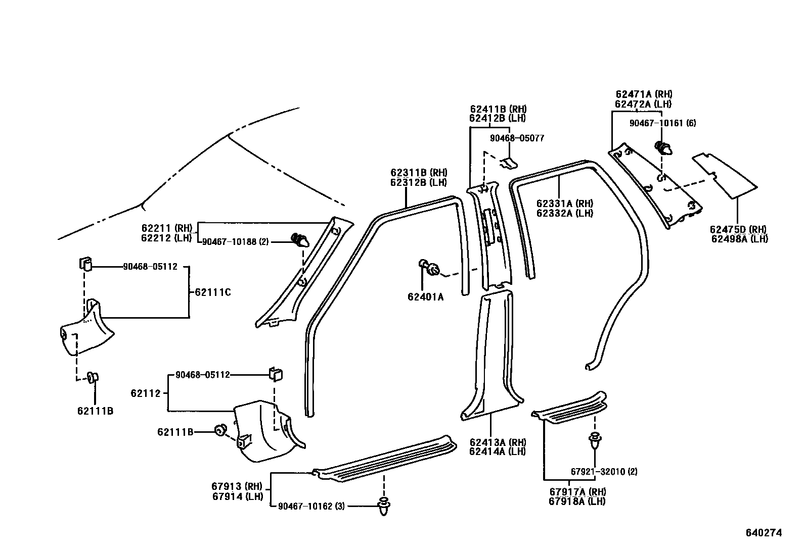 Toyota COROLLA 内饰板和车门防水胶条 EPC diagram — 640274