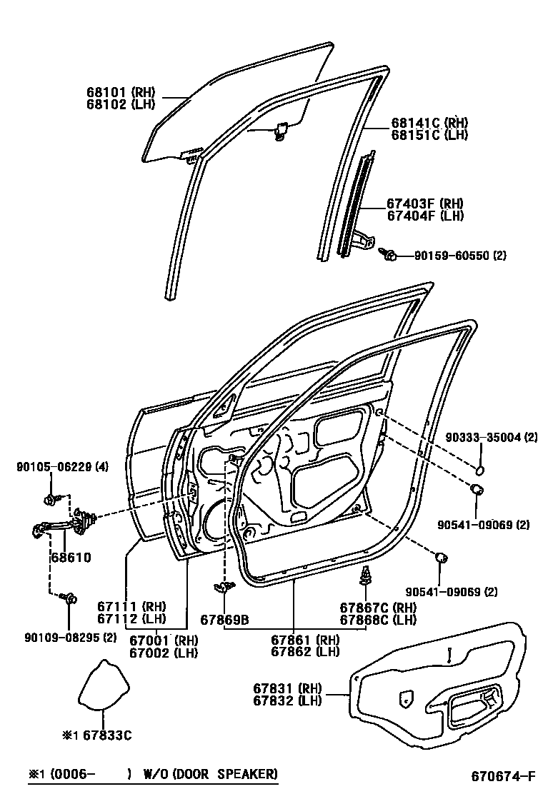 Toyota COROLLA 前门板和前门玻璃 EPC diagram — 670674F