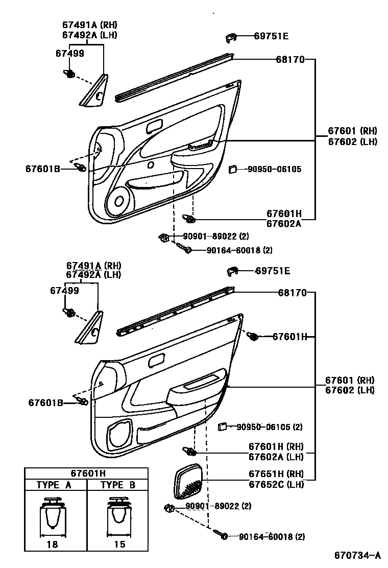 Toyota COROLLA 前门板和前门玻璃 EPC diagram — 670734A