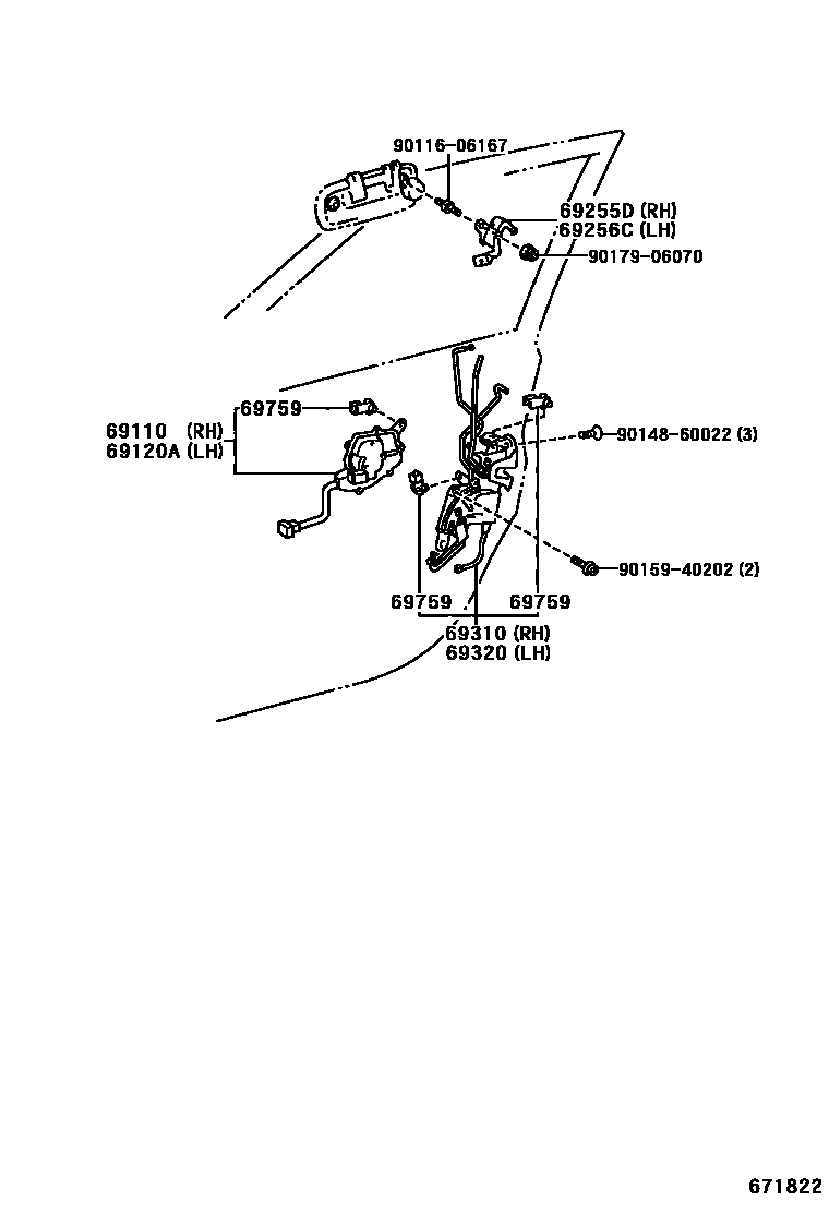 Toyota COROLLA 前门锁和车门把手 EPC diagram — 671822