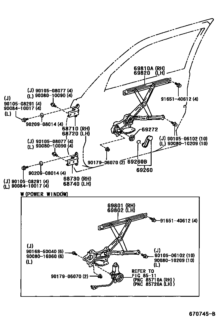 Toyota COROLLA 前门车窗升降器和合页 EPC diagram — 670745B