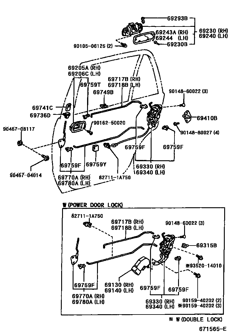 Toyota COROLLA 后门锁和后门把手 EPC diagram — 671565E