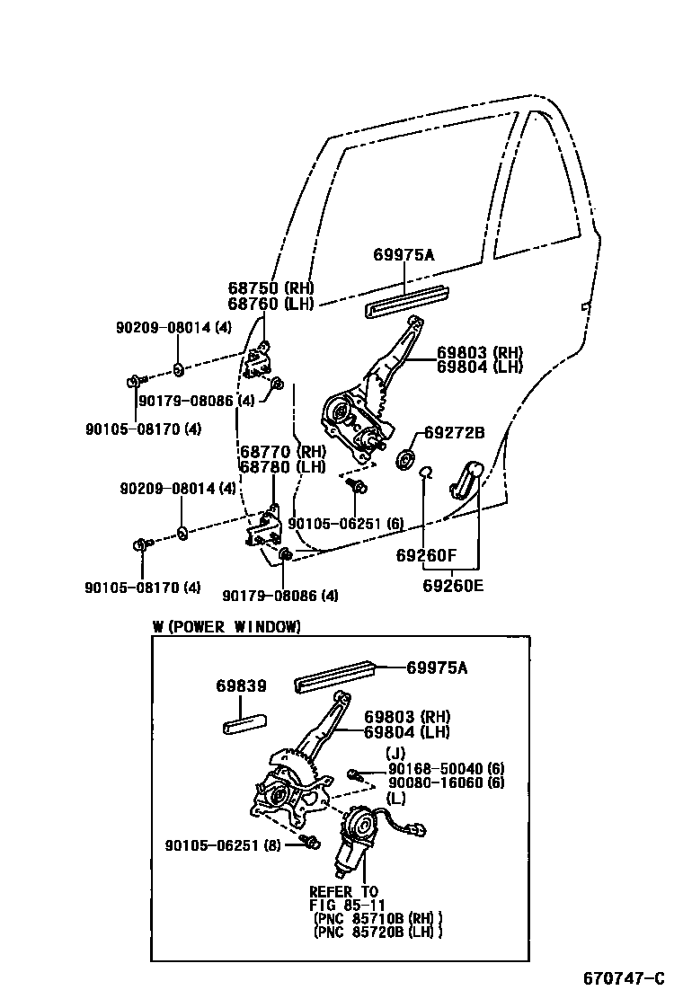 Toyota COROLLA 后门车窗升降器和合页 EPC diagram — 670747C