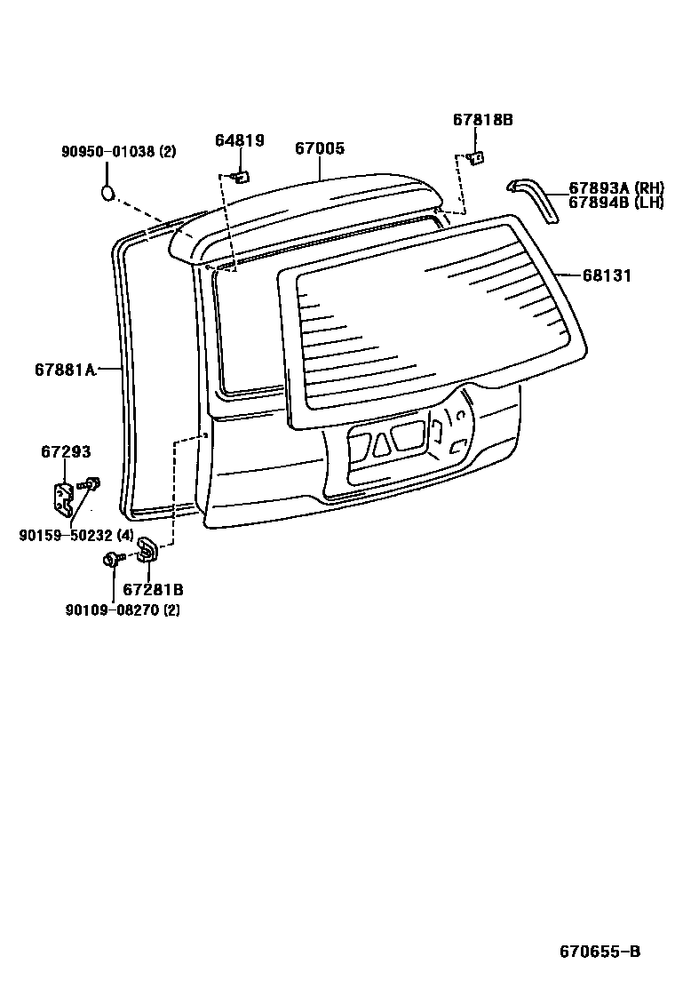 Toyota COROLLA 背门板和背门玻璃 EPC diagram — 670655B