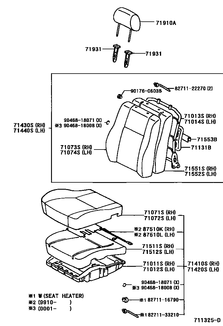 Toyota COROLLA 前排座椅和座椅滑轨 EPC diagram — 711325D