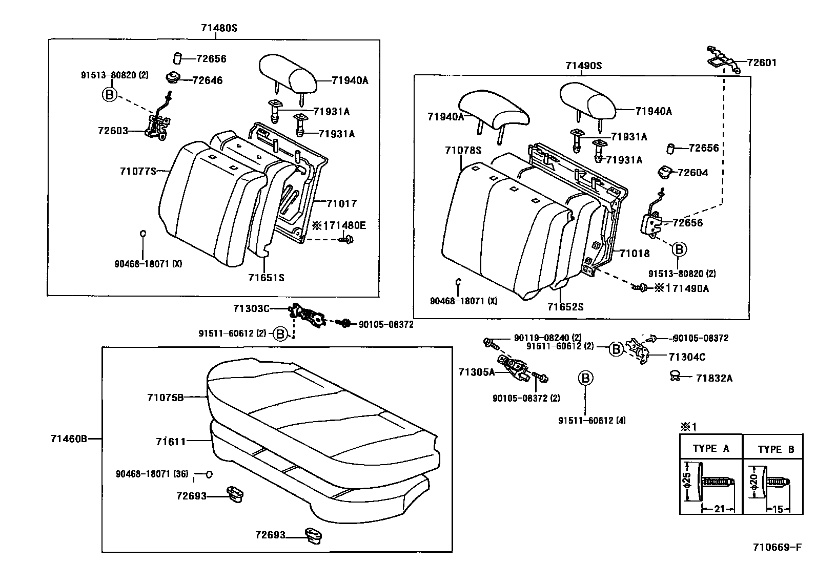Toyota COROLLA 后排座椅和座椅滑轨 EPC diagram — 710669F