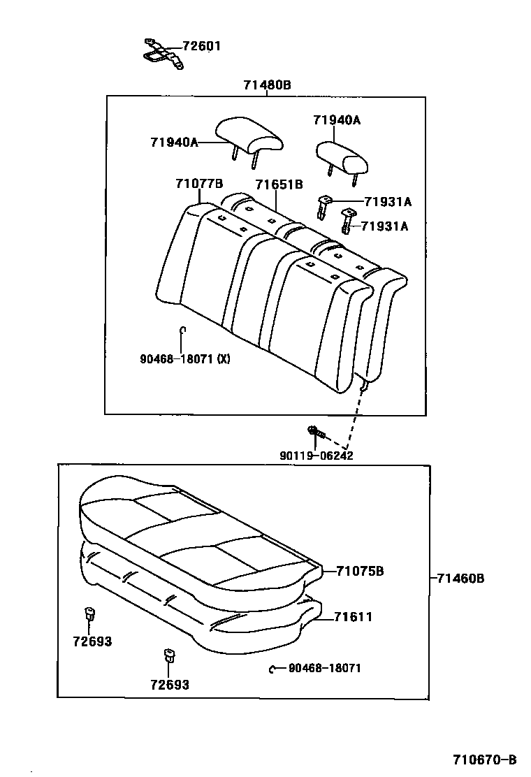 Toyota COROLLA 后排座椅和座椅滑轨 EPC diagram — 710670B