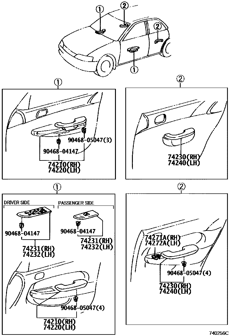 Toyota COROLLA 扶手和遮阳板 EPC diagram — 740256C