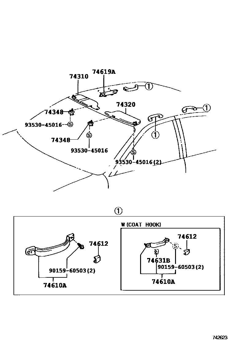 Toyota COROLLA 扶手和遮阳板 EPC diagram — 742623