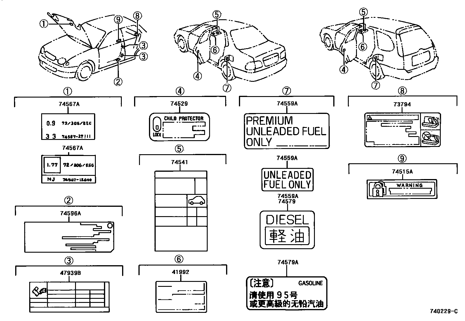 Toyota COROLLA 警示铭牌(车外和车内) EPC diagram — 740229C