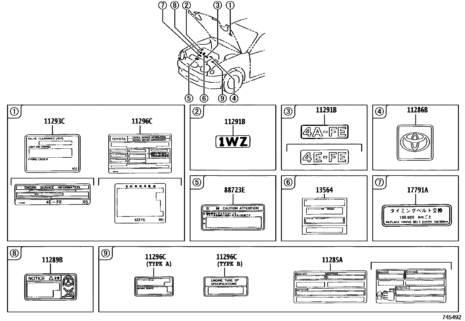 Toyota COROLLA 警示铭牌(车外和车内) EPC diagram — 745492