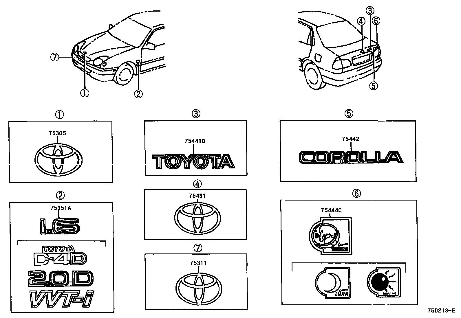 Toyota COROLLA 丰田徽标和铭牌(车外和车内) EPC diagram — 750213E