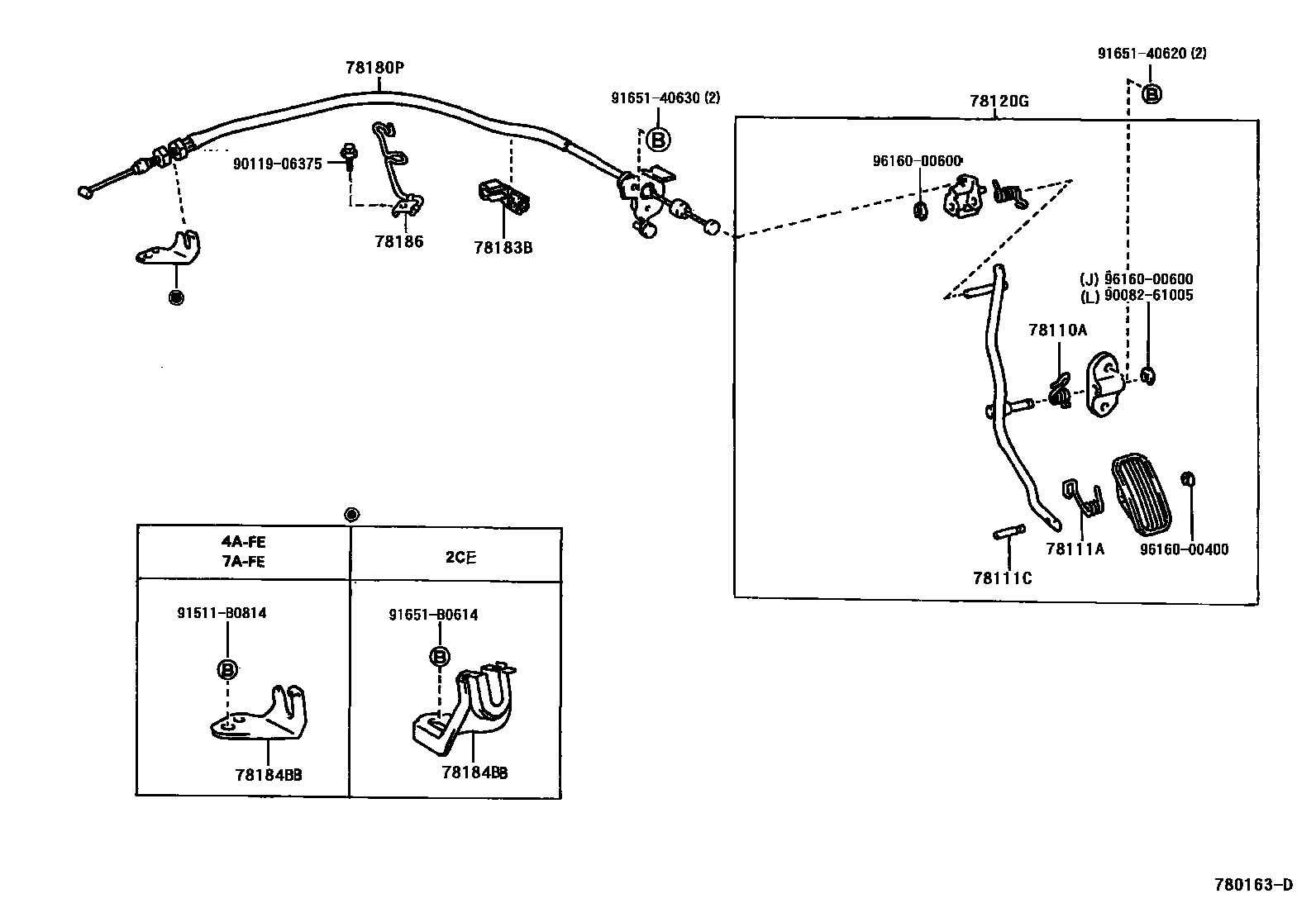 Toyota COROLLA accelerator pedal connecting rod EPC diagram — 780163D