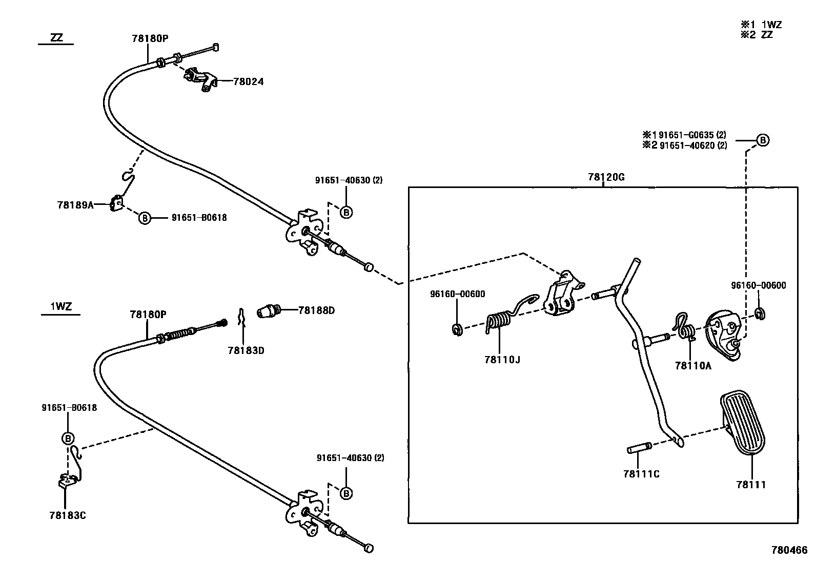 Toyota COROLLA accelerator pedal connecting rod EPC diagram — 780466
