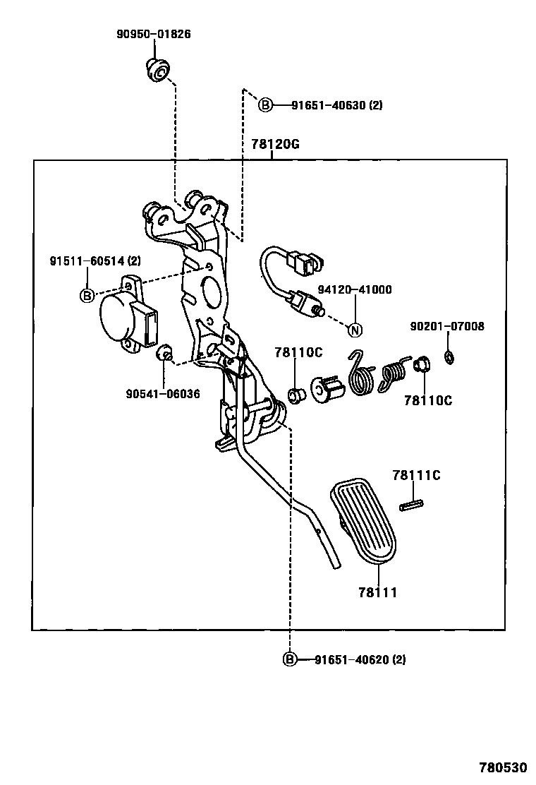 Toyota COROLLA accelerator pedal connecting rod EPC diagram — 780530
