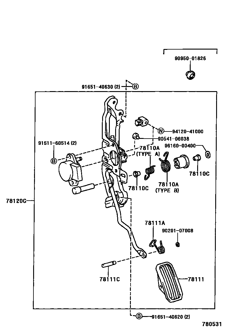 Toyota COROLLA accelerator pedal connecting rod EPC diagram — 780531