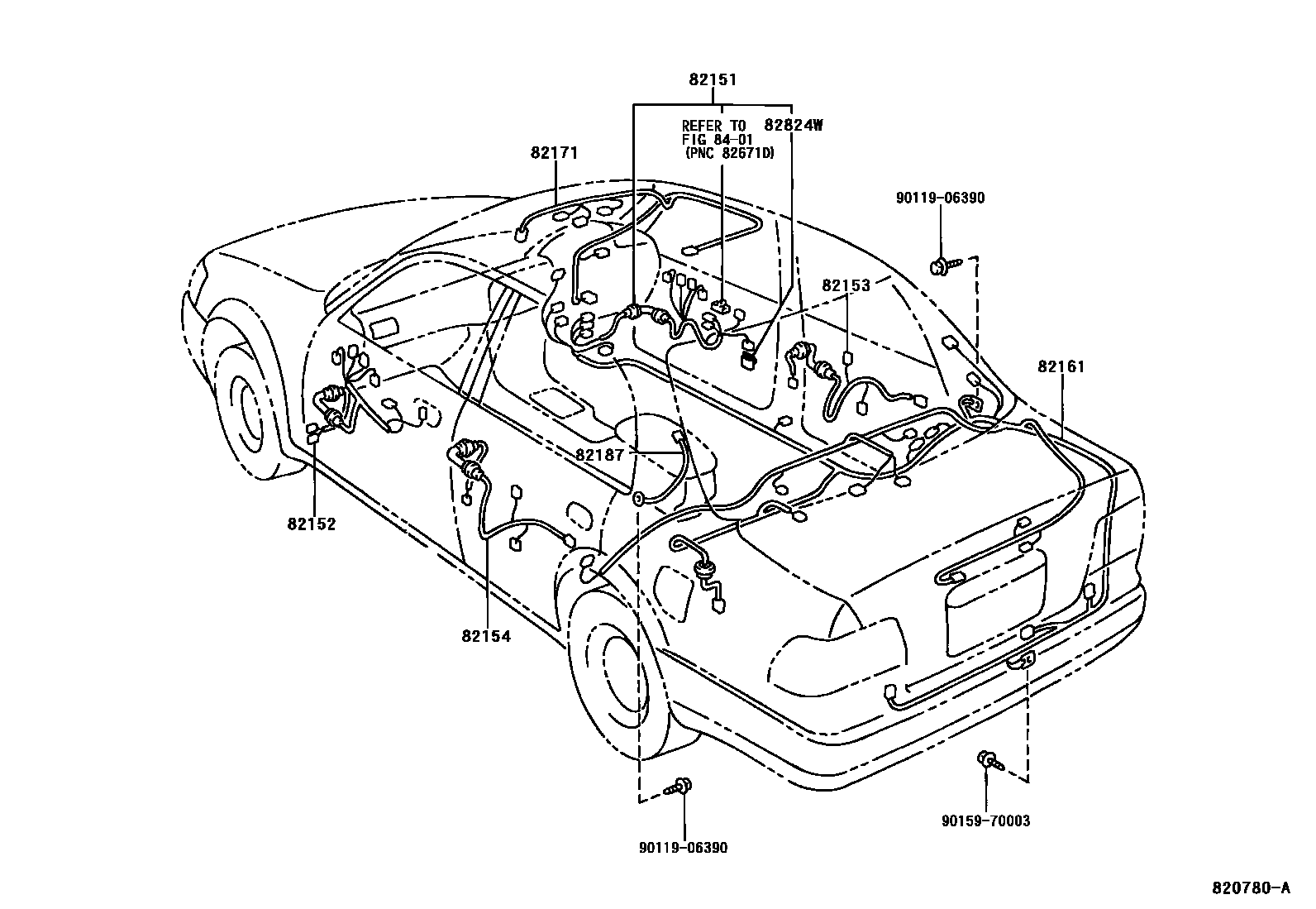 Toyota COROLLA 线束和卡夹 EPC diagram — 820780A