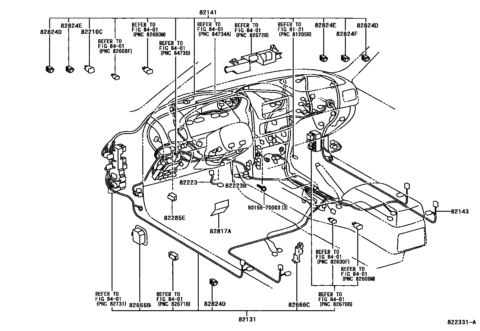 Toyota COROLLA 线束和卡夹 EPC diagram — 822331A