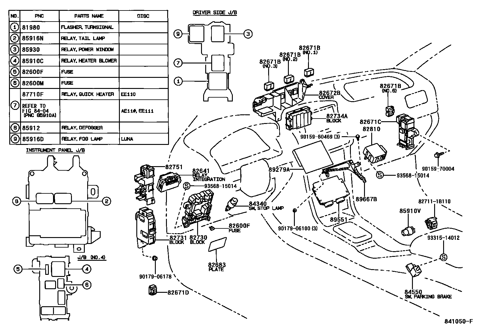 Toyota COROLLA 开关和继电器和ECU EPC diagram — 841050F