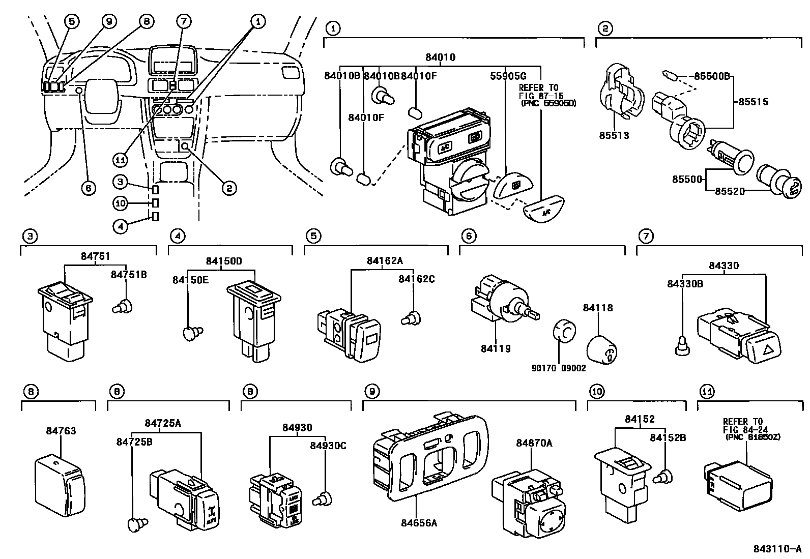 Toyota COROLLA 开关和继电器和ECU EPC diagram — 843110A