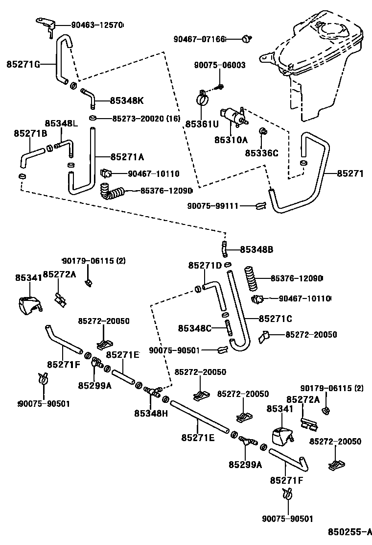 Toyota COROLLA 前大灯清洗器 EPC diagram — 850255A