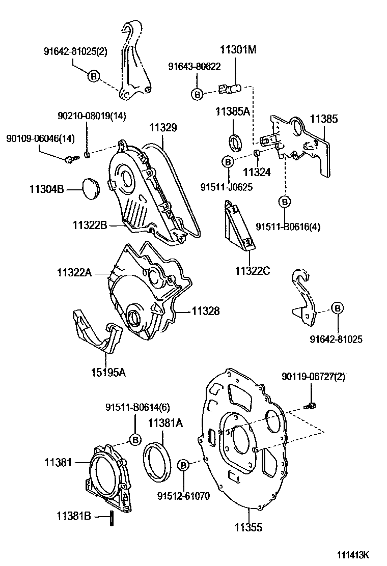 Toyota COROLLA Timing Gear Cover & Rear End Plate EPC diagram — 111413K