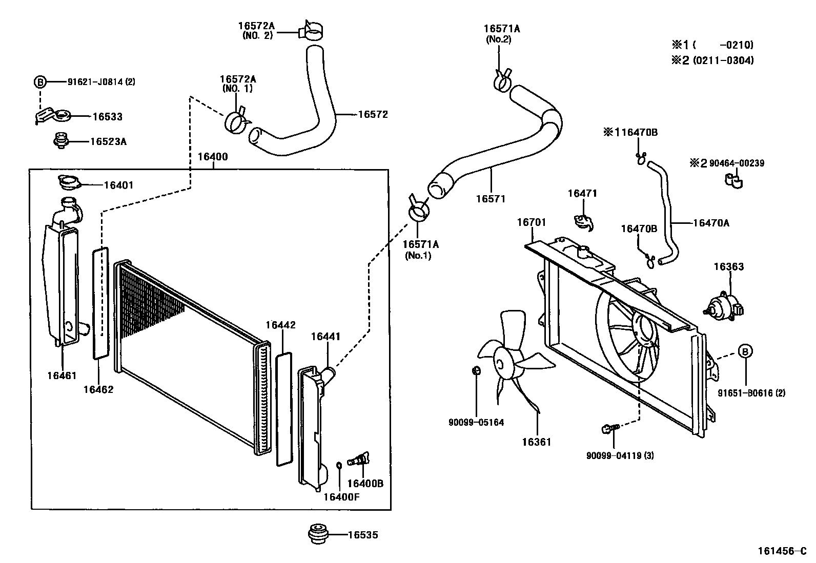 Toyota COROLLA RADIATOR & WATER OUTLET EPC diagram — 161456C