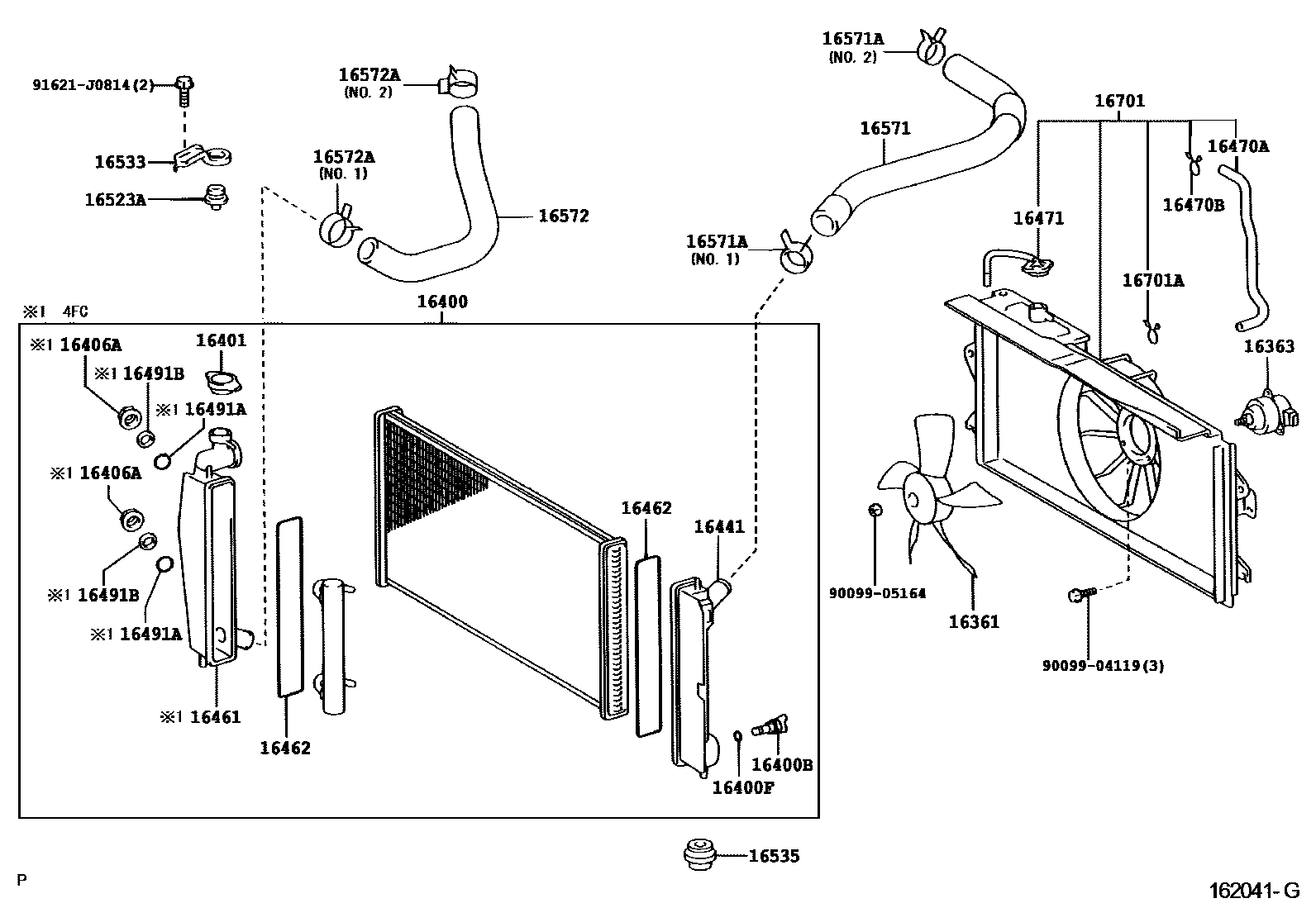 Toyota COROLLA RADIATOR & WATER OUTLET EPC diagram — 162041G