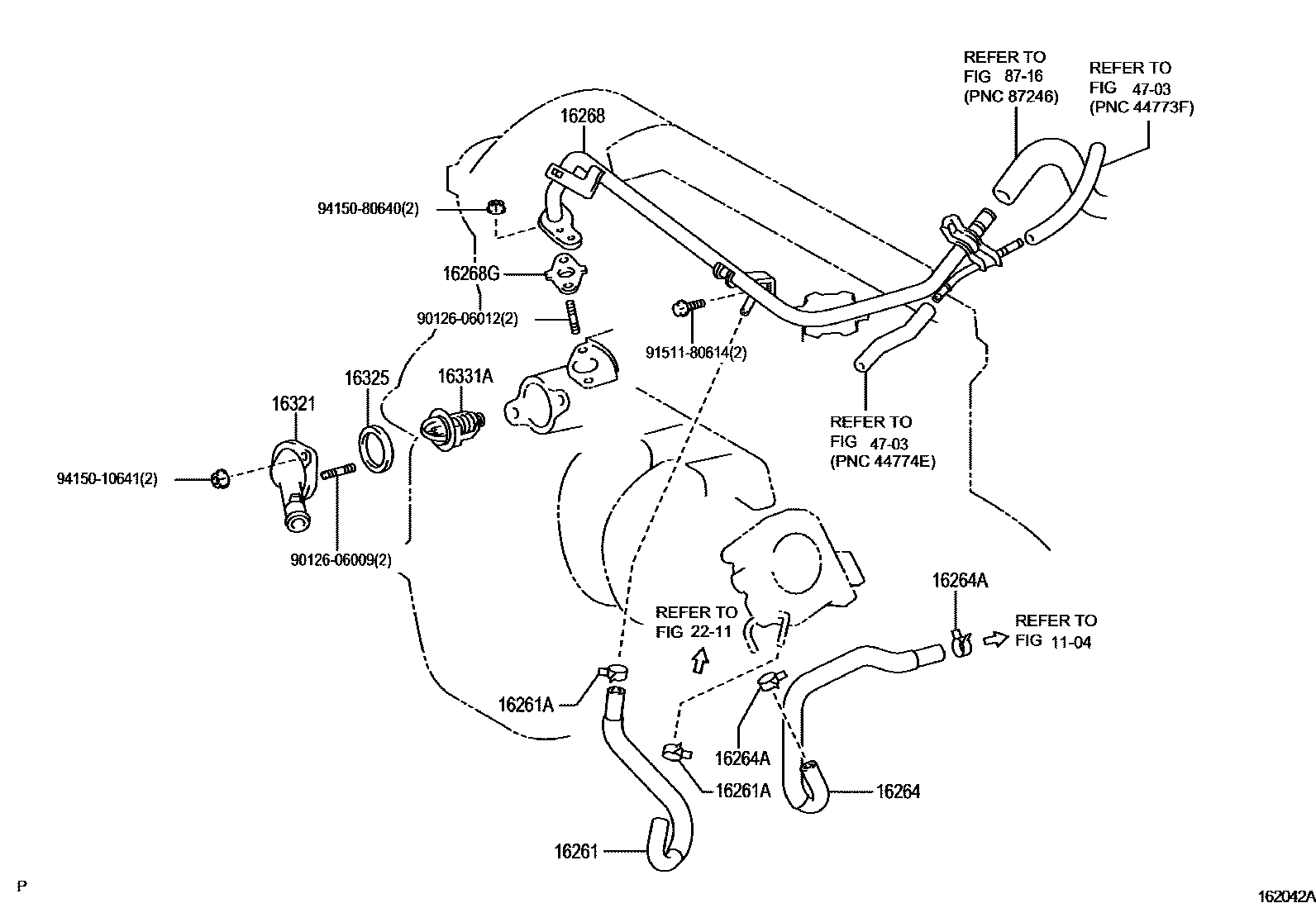 Toyota COROLLA RADIATOR & WATER OUTLET EPC diagram — 162042A