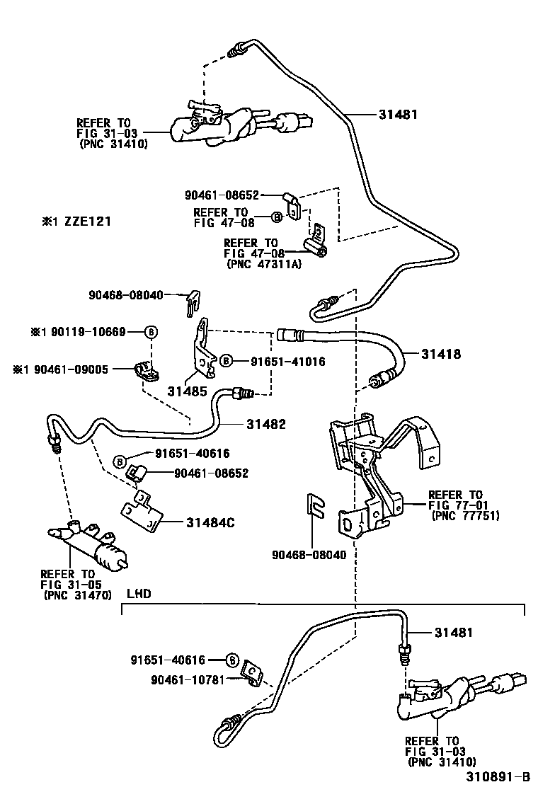 Toyota COROLLA 离合器踏板和挠性软管 EPC diagram — 310891B