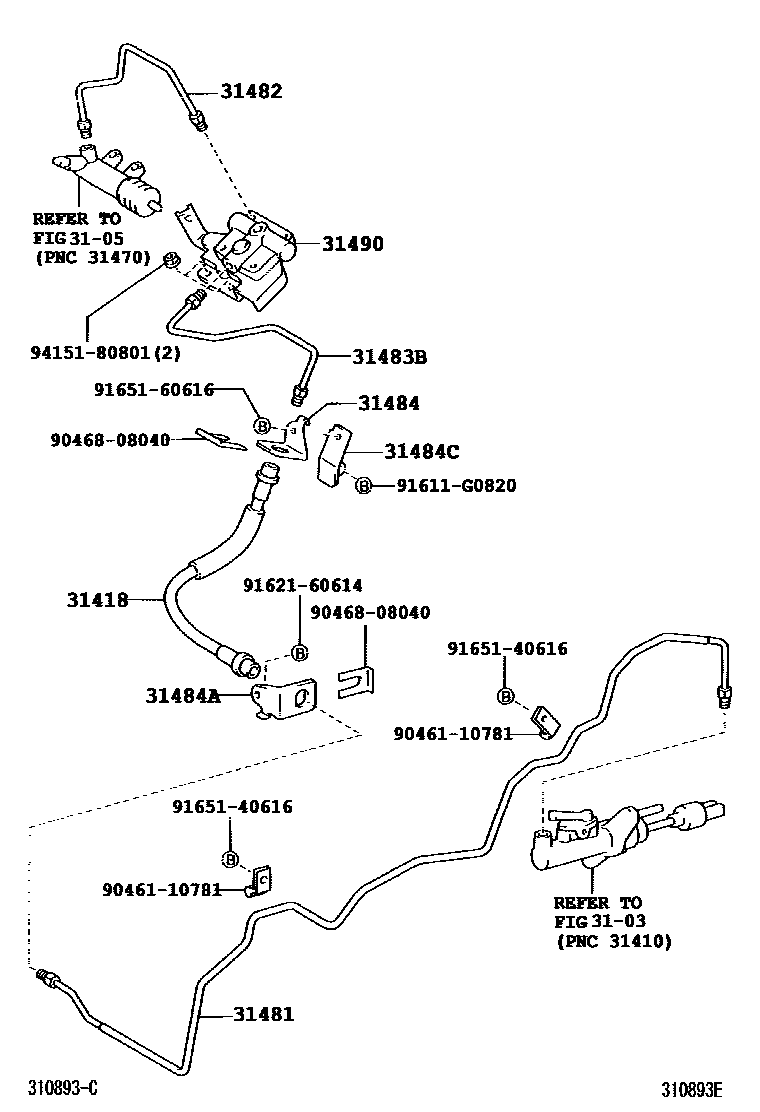 Toyota COROLLA 离合器踏板和挠性软管 EPC diagram — 310893E