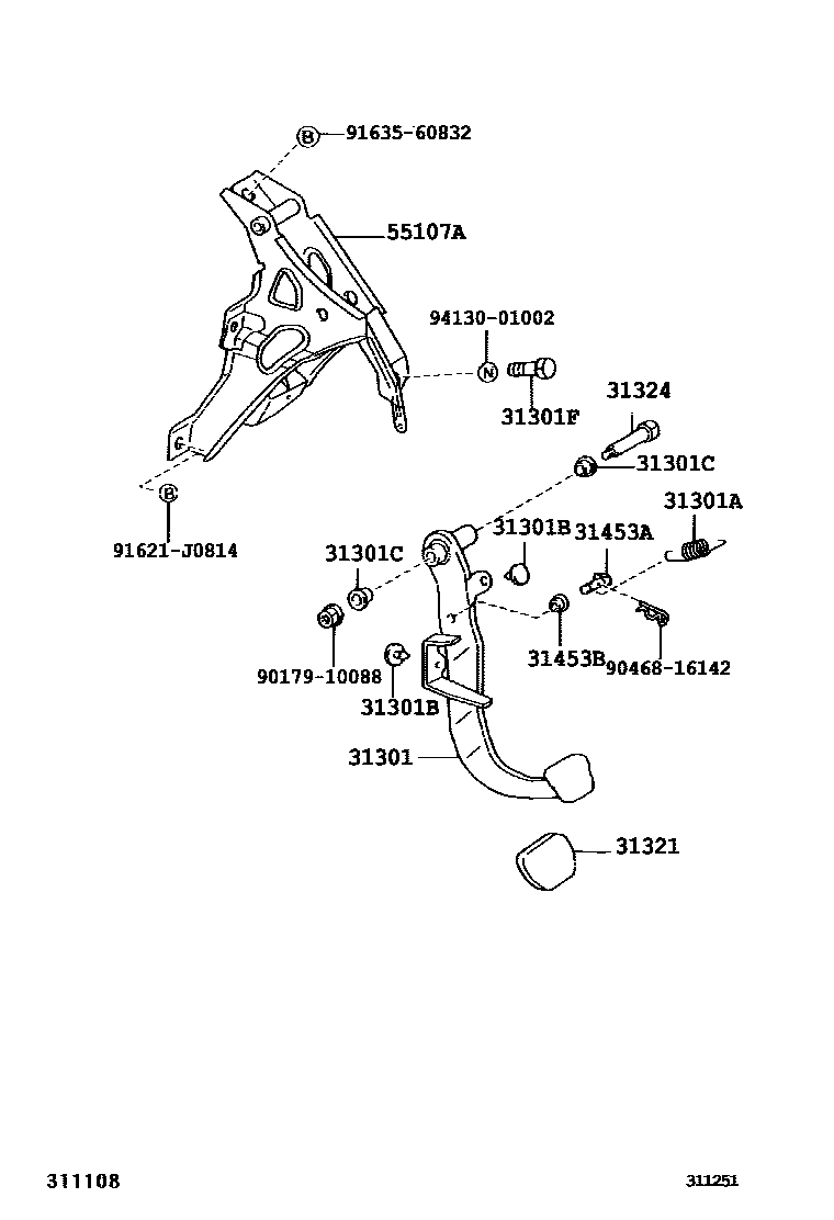Toyota COROLLA 离合器踏板和挠性软管 EPC diagram — 311251
