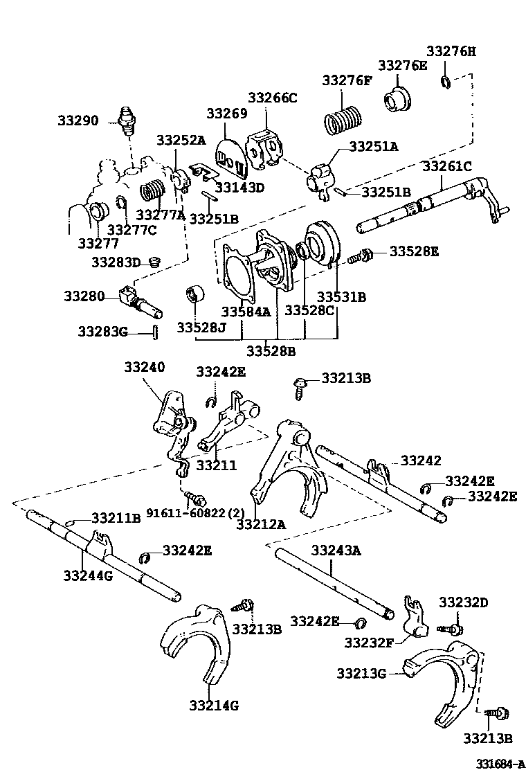 Toyota COROLLA 换档拨叉和换档杆轴(MTM) EPC diagram — 331684A