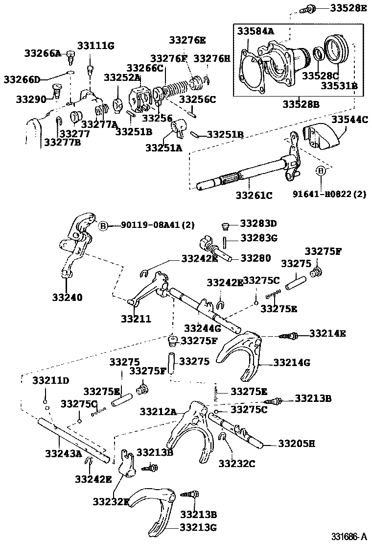 Toyota COROLLA 换档拨叉和换档杆轴(MTM) EPC diagram — 331686A
