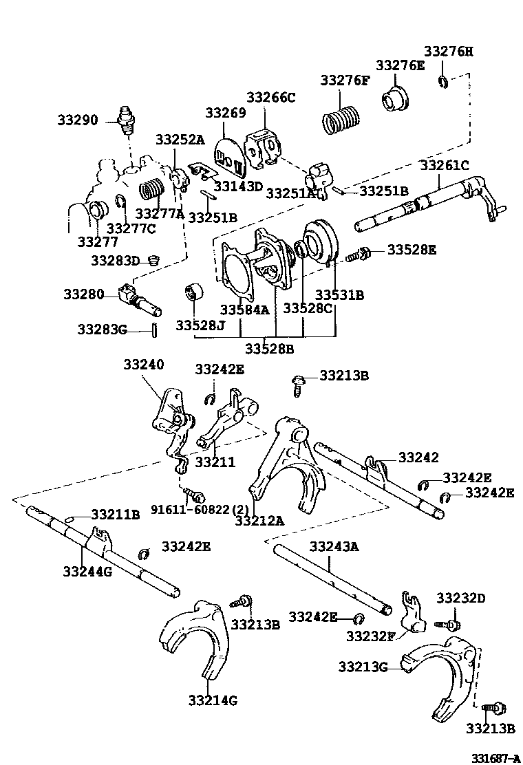Toyota COROLLA 换档拨叉和换档杆轴(MTM) EPC diagram — 331687A