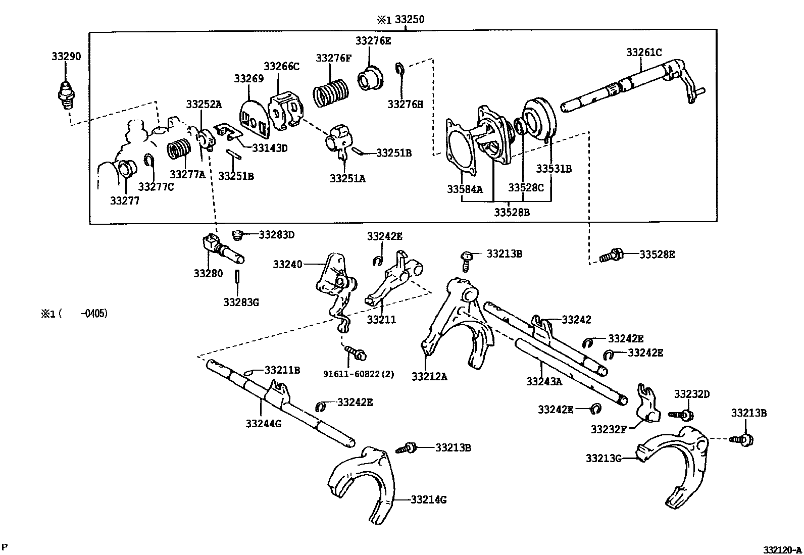 Toyota COROLLA 换档拨叉和换档杆轴(MTM) EPC diagram — 332120A
