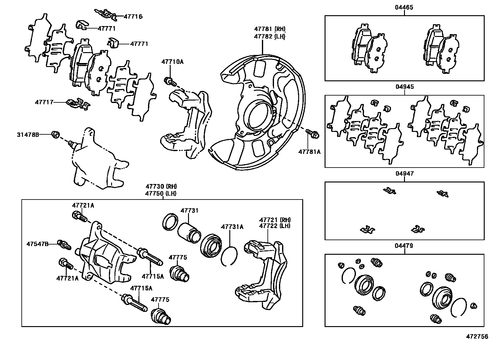 Toyota COROLLA 前盘式制动器卡钳和防尘罩 EPC diagram — 472756