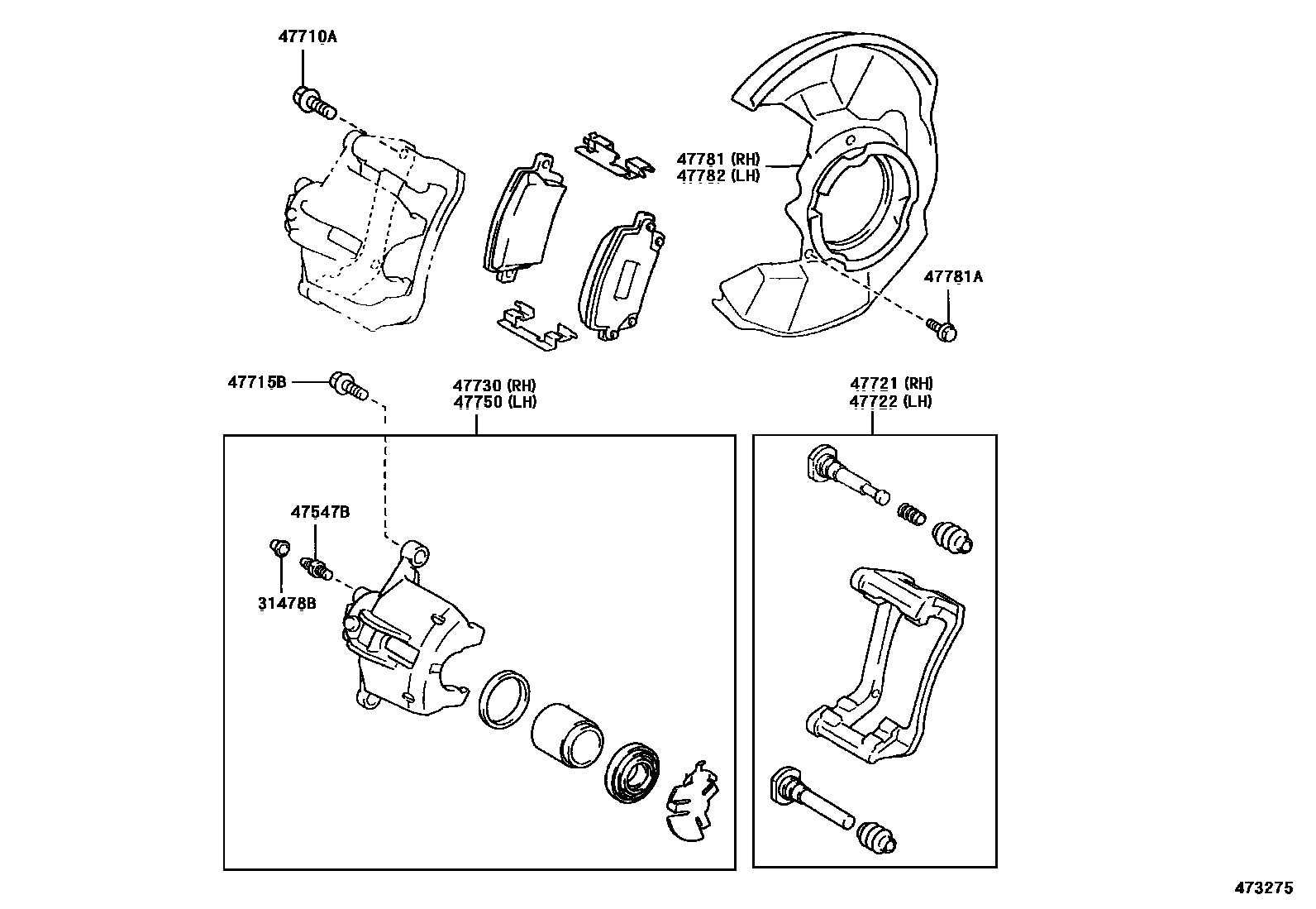 Toyota COROLLA 前盘式制动器卡钳和防尘罩 EPC diagram — 473275
