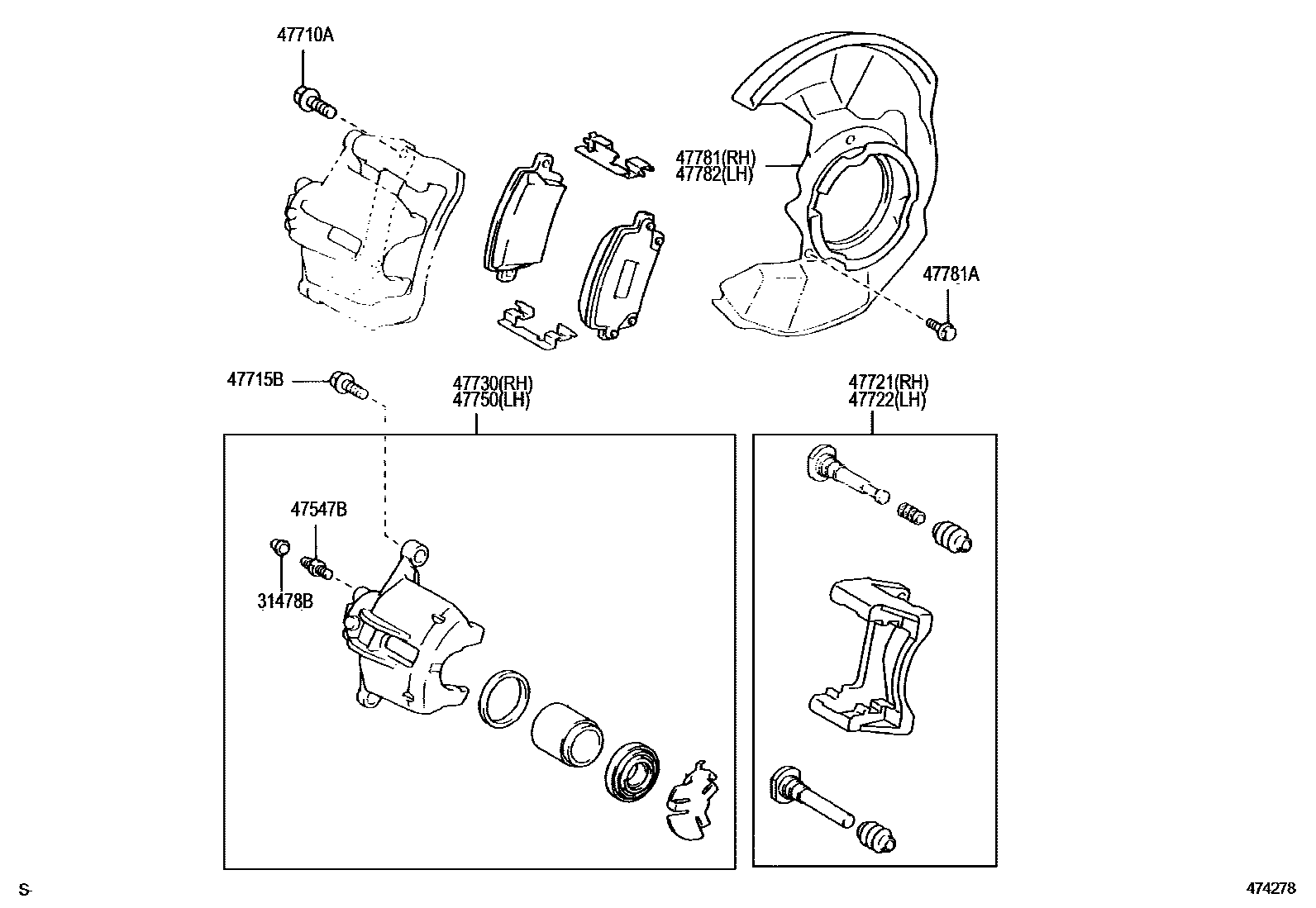 Toyota COROLLA 前盘式制动器卡钳和防尘罩 EPC diagram — 474278