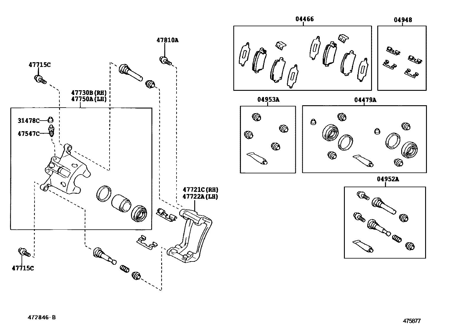 Toyota COROLLA 后盘式制动器卡钳和防尘罩 EPC diagram — 475877