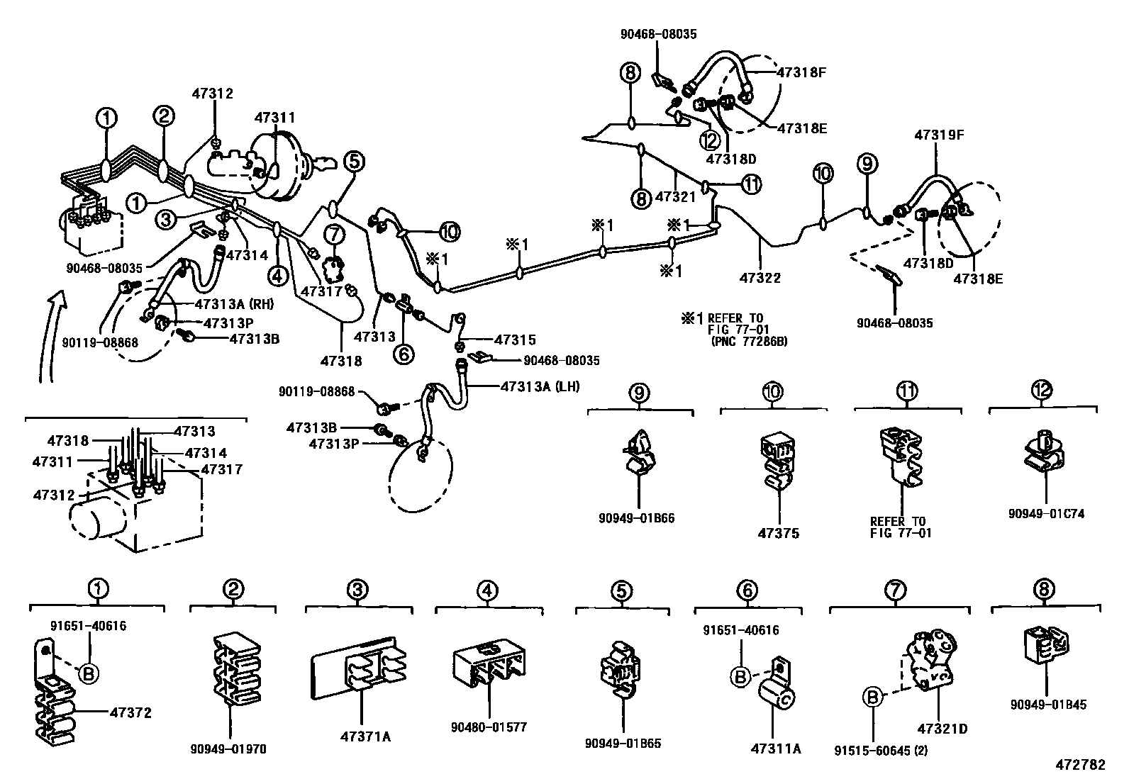 Toyota COROLLA 制动配管和卡箍 EPC diagram — 472782